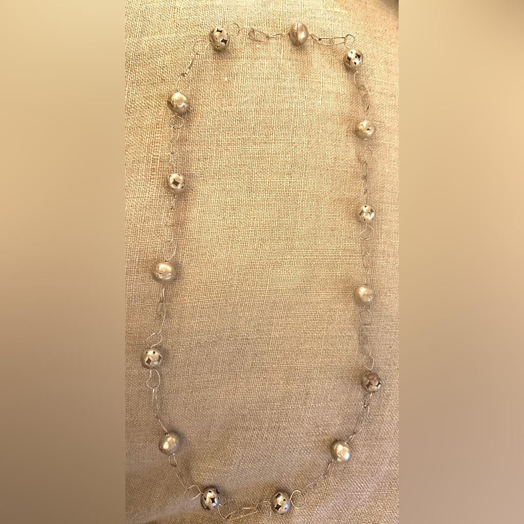 Vintage Handcrafted Mexican Wedding Silver Long Filigree Lantern Bead Necklace